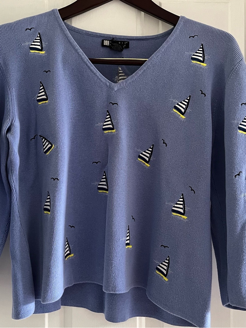 Vintage Light Blue V-Neck Sweater with Nautical Sailboat Embroidery